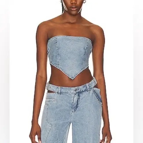 NWT SER.O.YA Tate Denim Top in Coastline Blue Wash Sz MEDIUM Strapless Tie Back