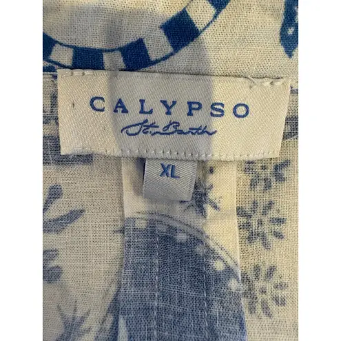 Calypso St. Barth Shirt Women XL Blue White Coastal Button Down Preppy Boho - Image 8