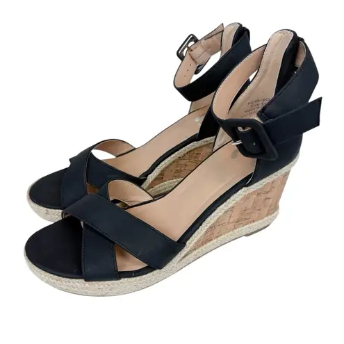 Journee Collection Telyn Espadrille Wedge Sandals Black Faux Leather Size 6.5