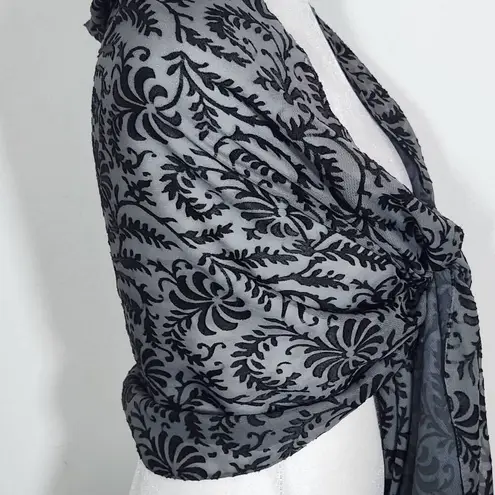 Cejon Black and Gray Textured Wrap One Size Sheer Scarf with Black Leaf Pattern