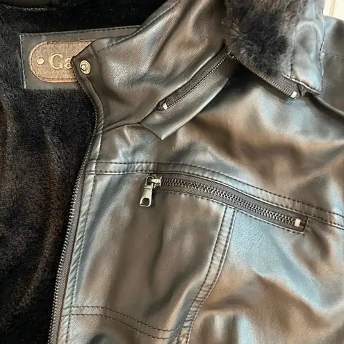 Cavalini Black Vegan Leather Faux Fur Lined Fitted Coat Size 3X Removable Hood