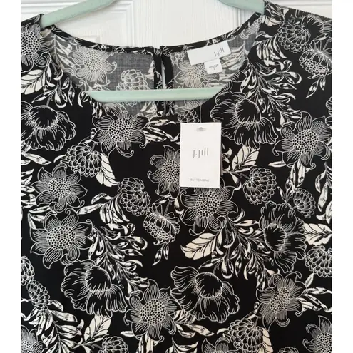 J Jill NWT Sz LG Black White Tropical Floral HiLo Popover Blouse Ruffle Peasant