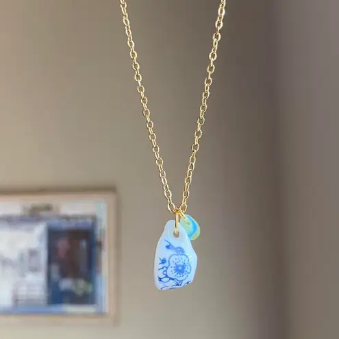 Handmade porcelain tea cup & Czech teardrop unique fun fairy antique style necklace🫖🍃🌀
