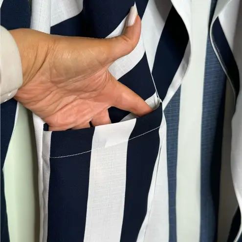 Elodie Navy Stripe Trendy Open Front Blazer Jacket Long Sleeve Size Medium