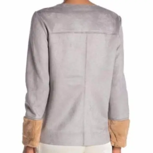 Catherine Malandrino Soft Faux Suede Leather Faux Fur Cuff Long Sleeve Top Grey