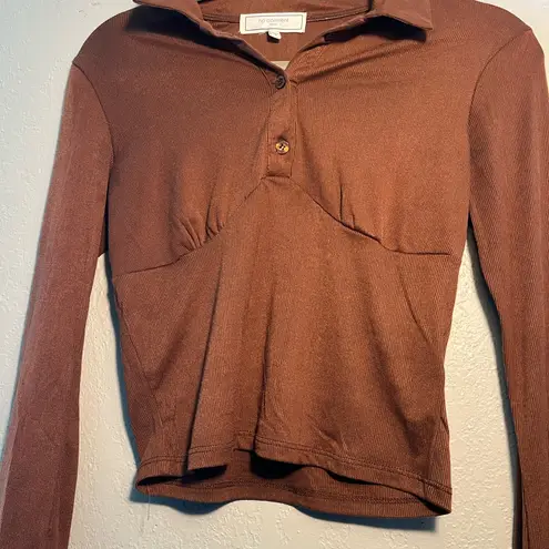 No Comment Brown Fitted Long Sleeve Button Down Shirt SZ S 1/4 Button Y2K Petite Tee - Image 2