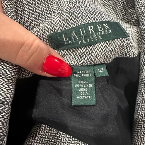 LAUREN RALPH LAUREN CROPPED LINEN BLACK WHITE PETITE BLAZER JACKET 12P