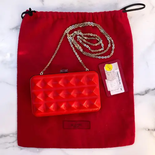 Valentino Garavani Valentino Rockstud red leather studded chain minaudiere box clutch shoulder bag