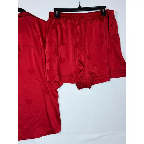 Nuuds Red Heart Print Satin Pajama Set Women's XXL Button Up Top Shorts