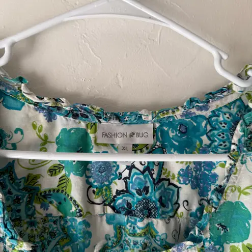 Fashion Bug Size XL Cotton Blue Green Floral Short Sleeve Blouse