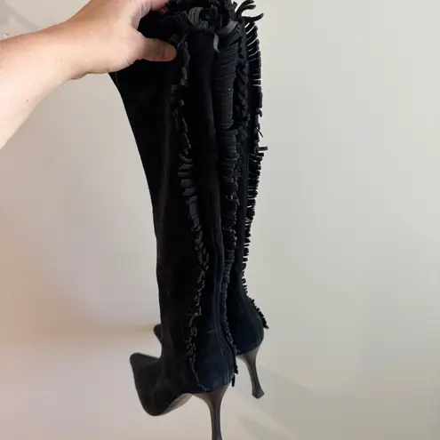 St. John Black Suede Fringe Trim Knee High Heeled Boots Size 7.5B