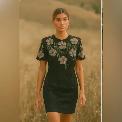 Scala Vintage 100% Silk Fully Beaded Floral Midi Dress Formal Cocktail Large - Image 5