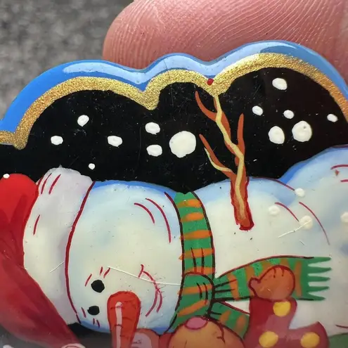 Hand Made In Russia Christmas Holiday Snowman Brooch Pin Paint Lacquer Russian
