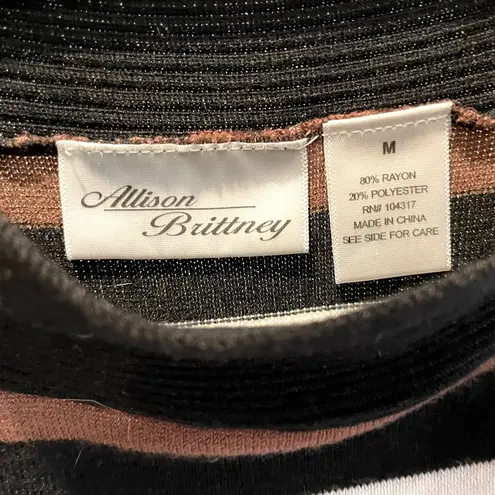 Allison Brittney Knit Quarter Sleeve Dress Black White & Brown Stripes Medium