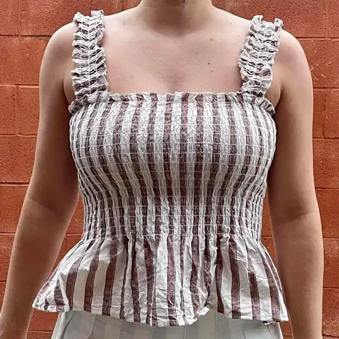 White And Burgundy Scrunch Ruffle Striped Tank Top Size L