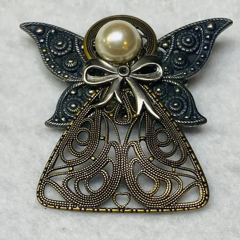 Filagree Silver Gold Color Angel Jewelry Pin Brooch Halo Faux Pearl Bow Wings