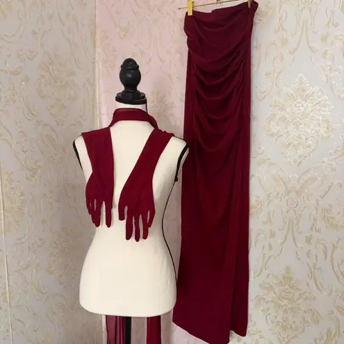Wine Red Strapless Scarf Gloves Elegant Red Three-Piece Dress Set - Size XS/S