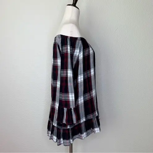 FOR THE REPUBLIC Plaid Off Shoulder Bell Sleeves Peplum Top