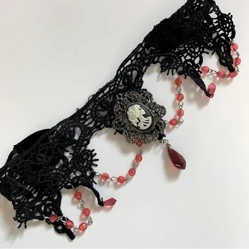 Black Lace Choker Necklace With Skeleton Cameo Pendant NEW