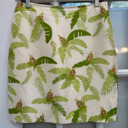 Muse Tropical Leaf Sequin Pineapple 100% Silk Skirt Resort Vacation Size 10 Green
