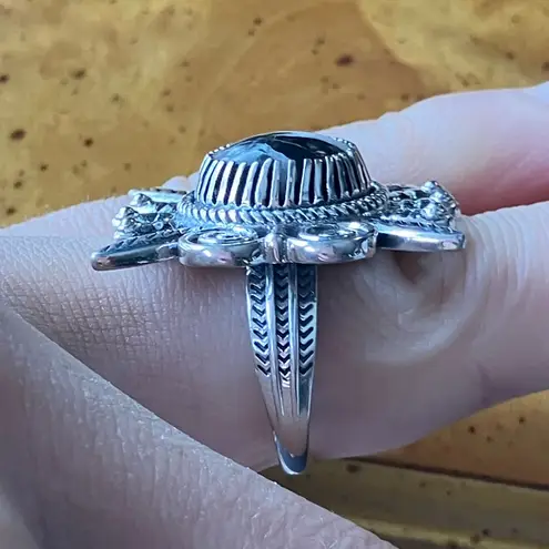 White Buffalo Turquoise Sterling Silver Feather Ring Size 8 Black