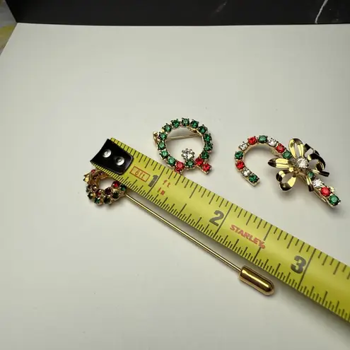 Rhinestone Christmas Holiday Lot Of 3 Brooch Pin Gold Tone Wreath / Candy Cane