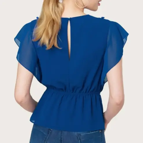 Bebe  Pom Ruffle Drop Waist Blouse Chiffon Top V-Neck Sheer Blue Work Career