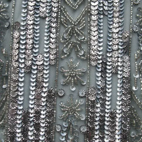 Mac Duggal 5980 Blue High Neck Short Sleeve Crystal Fringe Column Dress