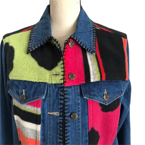 Susan Bristol Vintage 80s Fleece PATCHWORK Blue Denim JEAN JACKET Womens Size M