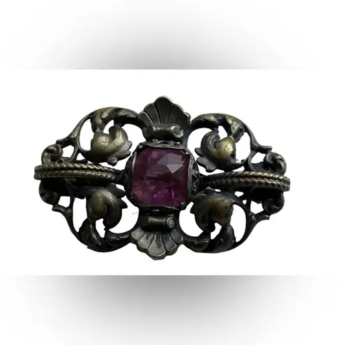Antique Victorian Paste Brooch Gothic Revival Dark Patina Metal Pink