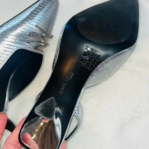 Karl Lagerfeld Aline Silver Leather Slingback Heels sz 7.5