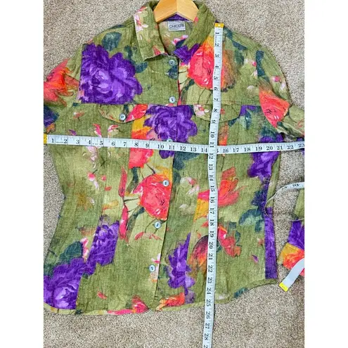 VTG 90s Womens 100% Linen Jacket Shirt Floral Chicos Cottage Coastal Medium