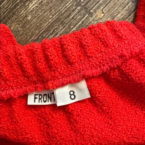 Vintage Castleberry Knit 2pc Skirt Suit Set Red Blue Trim Brass Buttons Size 8