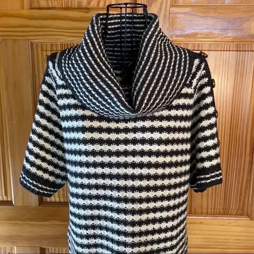 Design History Striped Short Sleeve Cowl Neck Long Sweater Gray/Cream Medium