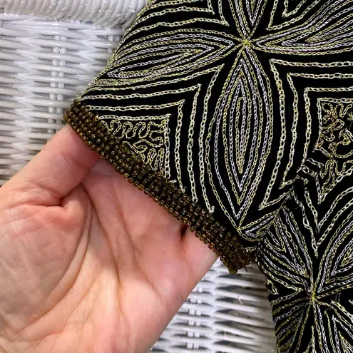 Papell Boutique Vintage 90s Evening Silk Beaded Top S Black Gold Holiday Glam