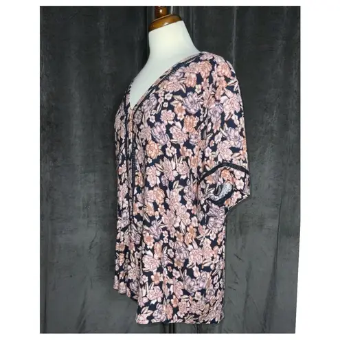 Hinge  Navy Blue & Pink Floral Short Sleeve Cutout Lace Detail Dainty Top XXL