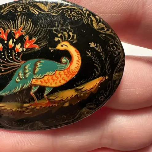 Hand Painted Lacquer Peacock Bird On Black Background Brooch