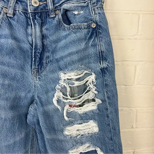 American Eagle  Distressed Mom Straight Jean w Plaid Flannel Size 00 - Image 8