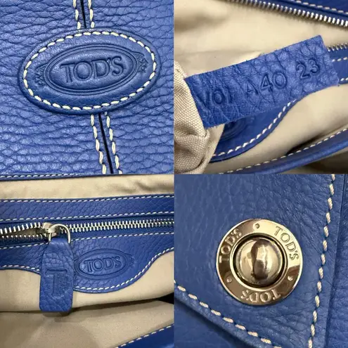TOD’S Blue Pebbled Leather Contrast Stitch Button Snap Closure Satchel Crossbody