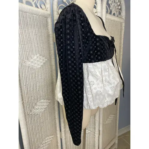 For Love & Lemons NWT XL Black Velvet White Eyelet Peplum Top Romantic Coquette