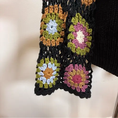 Heyson Black Cotton Blend Sweater Crochet Floral Sleeves Women’s Size Medium