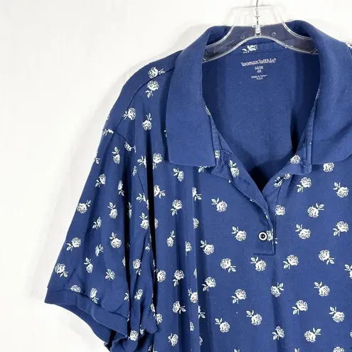 Woman Within Plus Size 4X 34W 36W Top Polo Shirt Blue Floral Short Sleeve 1689