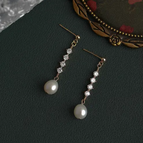 Elegant White Pearl Dangle Drop Earrings for Women,CZ Pearl Earrings Gold