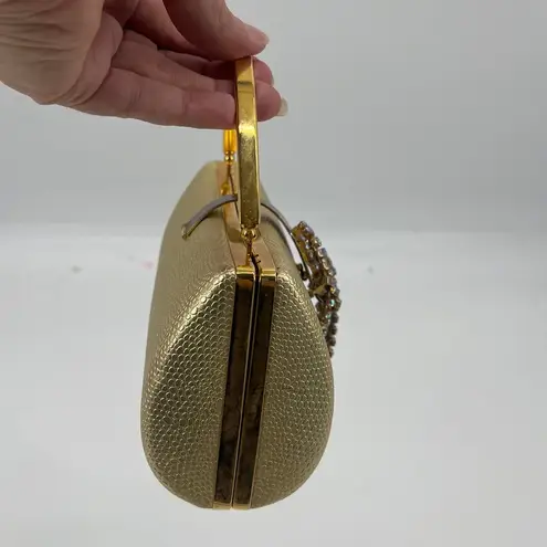 None Gold Rhinestone Hard Clutch Purse Top Handle Y2K Formal Metallic Holiday Glam