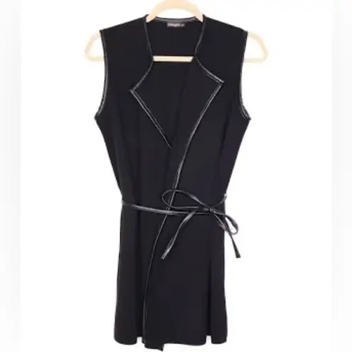 J. McLaughlin Longline Merino Wool Vest Size S Leather Tied Trim Black Classic