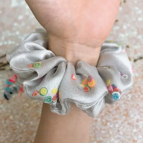 Silver Crystal Organza And Satin Double Layered Mixed Fruit Shaker Scrunchie Filled Scrunchie - Image 6