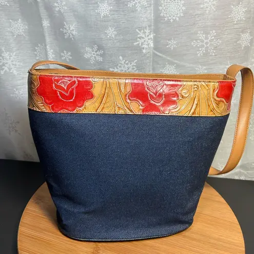 VINTAGE BERGE TAN LEATHER Floral Embossed Bucket Denim BAG Made in Italy