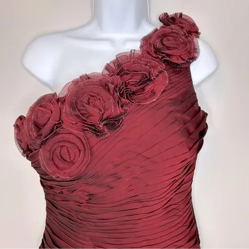 Bill Levkoff Burgundy One Shoulder Flower Cocktail Dress Size 10