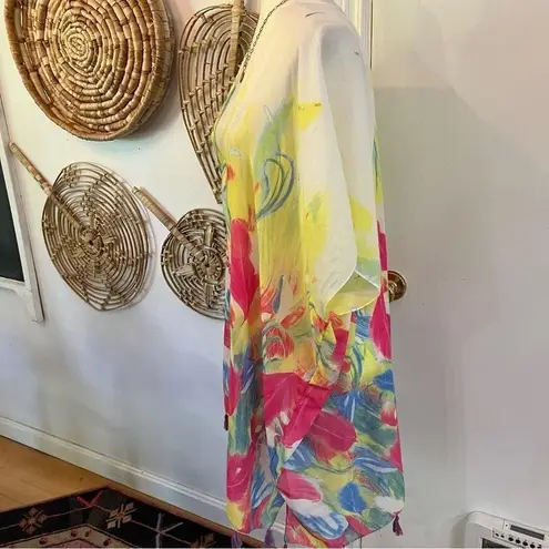 Vintage Y2K Bright Floral Kimono Wrap Tassel Hem Festival Beach Boho OS Red Size 1X