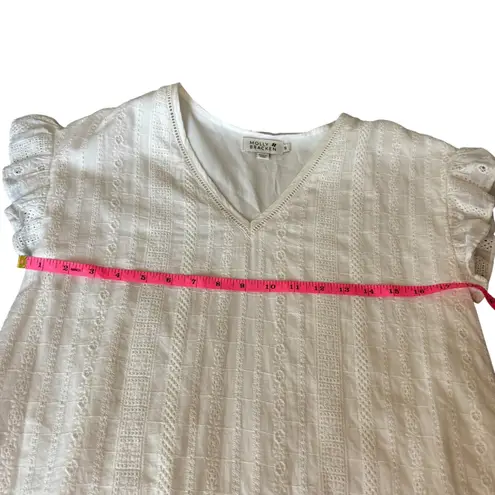 Molly Bracken Womens White Eyelet Embroidered Ruffle Sleeve V Neck Dress S